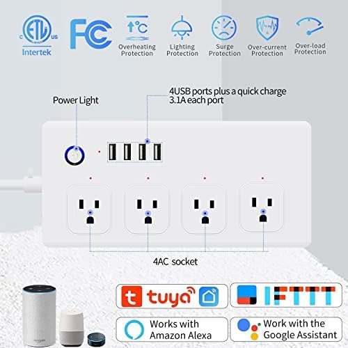 Smart Power Strip with Voice Control – Usee Link 4 AC Outlets & 4 USB Ports (2 A, 2 C) Surge Protector, 5 ft Cord, Wi-Fi Enabled for Alexa & Google Home, No Hub Required, Sleek Black Design for Modern Charging Solutions