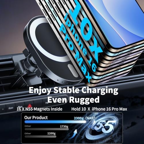 AOUXSEEM Magnetic Car Phone Charger Mount – 15 W Fast Wireless Charging with 20 N55 Magnets for i Phone 16/15/14/13/12/Pro/Plus/Max & Samsung Galaxy S Series – Effortless One-Handed Operation & Stylish Design for Ultimate Driving Convenience