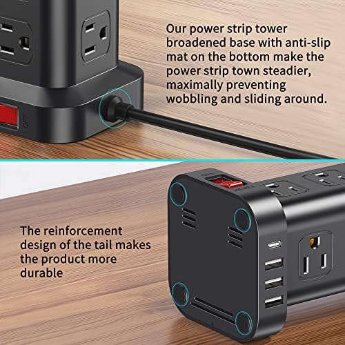 15 FT USB C Surge Protector Power Tower with 12 AC Outlets & 4 Rapid Charging USB Ports – Ultimate Overload Protection for Home and Travel Efficiency – Compact, Versatile Charging Solution for Modern Devices