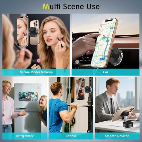 Magnetic Vacuum Phone Holder – Versatile Foldable Mount for Secure i Phone 12-16 Use in Cars, Gyms & Mirrors – Sleek Design with Powerful Grip for Enhanced Safety and Convenience on the Move