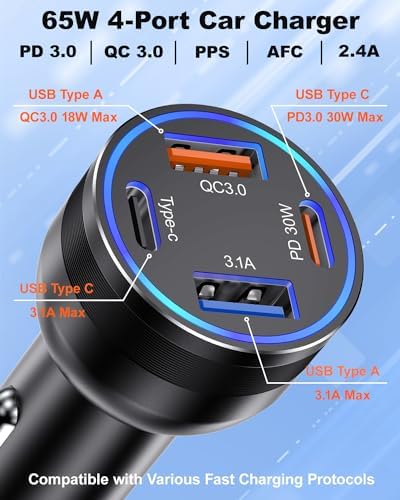 Agtray 65 W 4-Port Fast Charging Car Charger with 6 FT USB C Braided Cable – High-Performance USB C Adapter for i Phone 16, Samsung Galaxy S25, and Pixel 9 – Ultimate Multi-Device Charging Solution for Road Trips and Daily Commutes – Compact, Durable, and Safety-Enhanced Car Accessory
