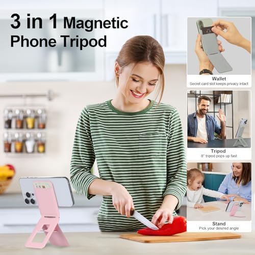 iontech Phone Stand Tripod Wallet Compatible with MagSafe iPhone 16/15/14/13/12 Series, 3 in 1 Strong Magnetic Phone Holder, Vegan Leather Wallet, Lightweight & Adjustable Cell Phone Stand (Grey) – Enhanced Compatibility and Speed
