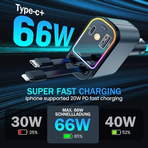 Starlight Enhanced 66 W USB-C Fast Car Charger – 4-in-1 Retractable Adapter with Dual USB Ports for i Phone 16/15/14/13/12/11 & Android Devices – Ultimate Convenience for On-the-Go Charging in Sleek Black Finish