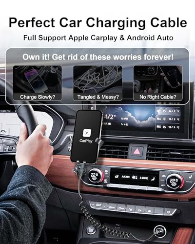 Revolutionary 4-in-1 Coiled Charging Cable: USB, USB-C & Lightning Combo for Seamless Apple Car Play & Android Auto Compatibility – 5 FT, 60 W Fast Charging Multi-Device Cord for i Phone, Samsung, i Pad, Mac Book – Tangle-Free Travel Solution