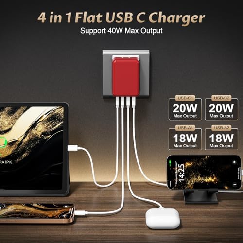 Ultra-Fast Charging 2-Pack: Foldable 40 W USB-C Wall Adapter with 4 Ports – Sleek Christmas Red Multi-Port Charger for i Phone 16, Samsung, Pixel & Tablets – Compact Power Solution for Home and Travel