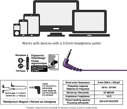 Panasonic Ergo Fit Wired Earbuds with Microphone – Superior Sound Quality with Ergonomic Comfort, Universal 3.5 mm Jack Earphones for Phones and Laptops in Stylish Metallic Purple – Custom-Fit Earpieces (S/M/L) for Optimal Audio Experience and Hands-Free Calls – RP-TCM125-VA