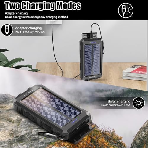 High-Capacity 20,000 m Ah Waterproof Solar Charger Power Bank for Outdoor Adventures – Dual USB-C Fast Charging with Built-in LED Flashlight and Compass (Orange) for Ultimate Portability and Reliability