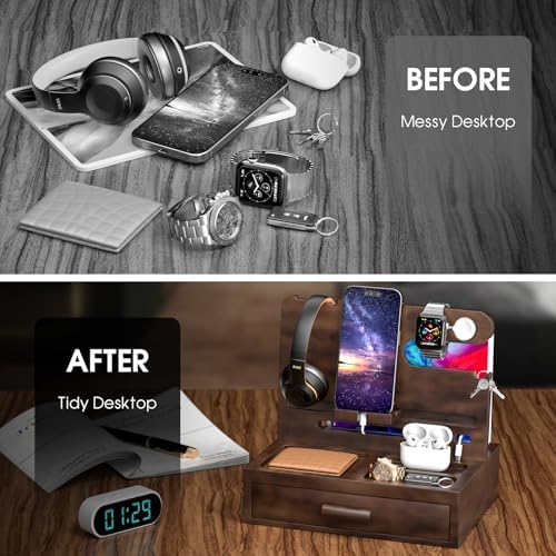 melafa365 Nightstand Organizer for Men,Phone Docking Station with Cable Management,Night Stand with Drawer,Bedside Organizer for Watches,Keys,Wallets,Gifts for Men(Wood) – Enhanced Compatibility and Speed