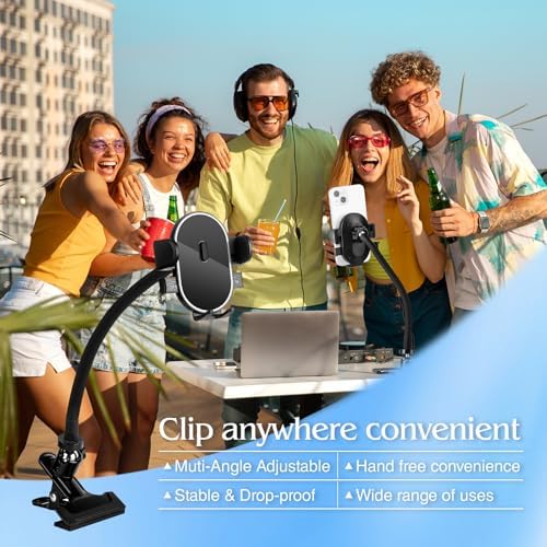 Versatile 360° Gooseneck Clip Phone Holder with Auto-Locking Clamp – Adjustable Arm Lengths for Desk, Treadmill, and Mic Stand – Securely Fits 4-7″ Smartphones for Ultimate Hands-Free Convenience and Enhanced Productivity