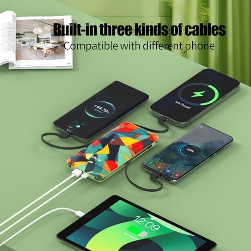 Compact 10000 m Ah Portable Charger with Built-In Cables and AC Wall Plug – Essential USB-C Power Bank for i Phones, Samsung Devices, and Tablets in Vibrant Green – Ultimate Travel Companion for Fast Charging and Universal Compatibility