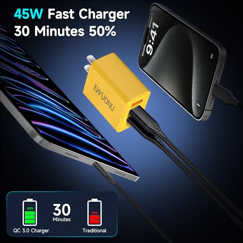 Elevate Your Charging Game with the EWUONU 45 W USB-C Wall Charger – Ultra-Fast Power Delivery & Quick Charge 3.0 Adapter Featuring 3 Ports and 3.3 ft Cable for i Phone 15/15 Pro/Pro Max, i Pad Air 6/5/4, Galaxy S24/S23/S22, Google Pixel – Optimal Efficiency for Travel and Home Charging Needs