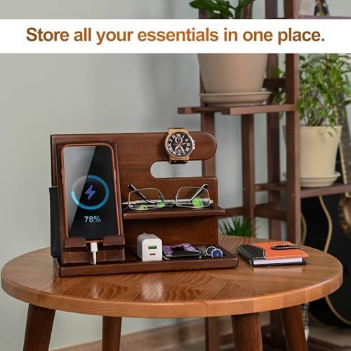 TESLYAR Wood Phone Docking Station for Men – Desktop or Nightstand Organizer – Birthday Gifts for Men, Dad – Anniversary Idea from Wife – Key Holder, Stand Wallet, Watch & Essentials (Antique Brown) – Enhanced Compatibility and Speed