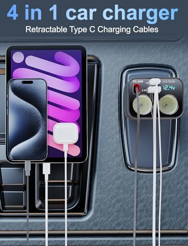 Ultimate 5-in-1 Retractable Car Charger – Fast Charging Dual-Socket Adapter with USB-A & USB-C Ports for i Phone 16/15, Galaxy, i Pad, GPS & Dash Cam – Tangle-Free Design for Multi-Device Power on the Go