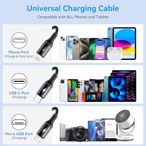 Versatile 3 in 1 Braided USB Charging Cable – 2 Pack, Fast 3.5 A Charge, 6 ft Length, Compatible with i Phone 15/14/13/12/11/X/8/7, Samsung Galaxy, Google Pixel, and More – Durable Multi-Device Charger for Home, Office, and Travel
