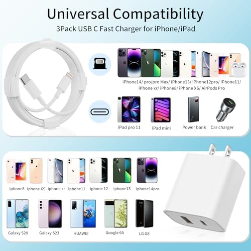 Efficient Dual Port Fast Charger Kit: MFi Certified 20 W USB-C Wall Adapter & 6 FT Lightning Cables – Rapid Power Delivery for i Phone 14/13/12 Series, Pro Models & More – Ultimate Compatibility & Speed for On-the-Go Charging