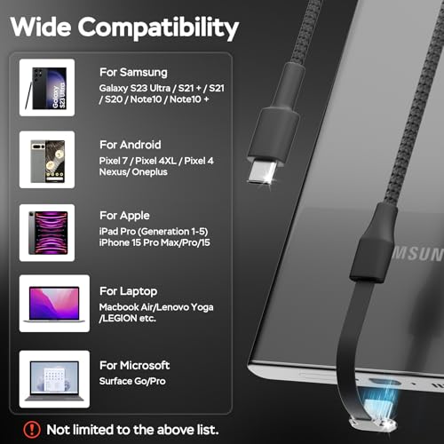 10 ft USB C to USB C Charging Cable – 60 W Fast Charge with Right-Angle Connector for Enhanced Durability and Comfort – Compatible with Steam Deck, ROG Ally, i Phone 16/15 Pro Max, Samsung S23/S22/S21, Mac Book – Tangle-Free Flat Design for Effortless Storage and Use