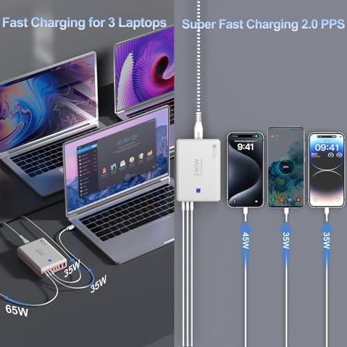 240 W High-Speed 8-Port Charging Station – Multi-Device USB Hub for i Phone, i Pad & Mac Book with 6 USB-C PD Ports, 2 USB-A Ports, 5 ft Braided Cord, On/Off Switch, Flat Plug Design for Travel Convenience and Optimal Space Management – Ultimate Charging Solution for Tech Enthusiasts