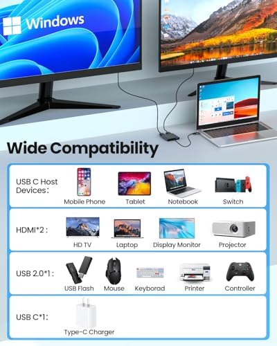 Fophmo Dual HDMI Adapter – 4 K@60 Hz USB C Hub with 100 W Power Delivery & USB-A Port for Enhanced Dual Screen Experience – Perfect for Gamers & Professionals Seeking Stunning Visual Clarity and Seamless Multitasking
