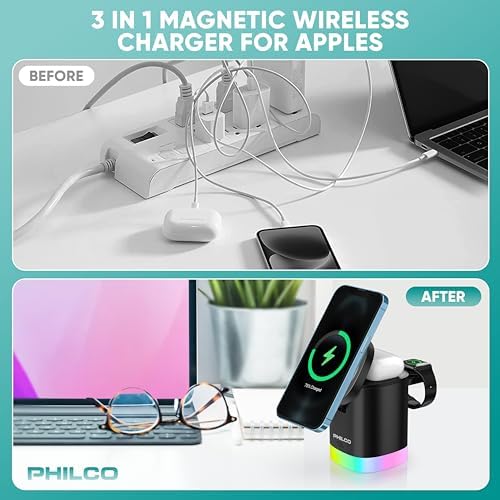 Philco 3-in-1 Magnetic Wireless Charging Station: Ultra-Fast 15 W Mag Safe Charger for i Phone 11-16, Apple Watch & Air Pods – Compact Foldable Design with USB-C Port & RGB Lighting for Enhanced Aesthetic and Efficiency