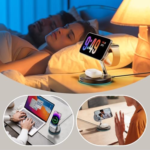 2025 Premium 3-in-1 Wireless Charging Station for i Phone 16, 15, 14, 13, 12 – Mag-Safe Compatible Charger Stand for Air Pods and i Watch – Fast, Efficient Power Hub with Sleek Design and Overcharge Protection for Home or Travel