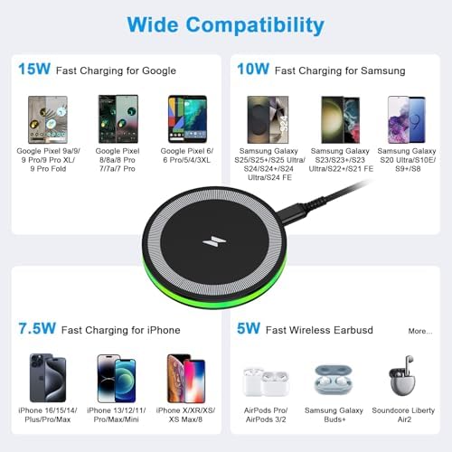 15 W Fast Wireless Charger Pad for Google Pixel 9, 9 Pro, Samsung Galaxy S25/S24/S23 & i Phone 16 — High-Speed Charging with QC3.0 Adapter, Case-Friendly Design, Smart Safety Features, and LED Indicator for Optimal Performance and Protection