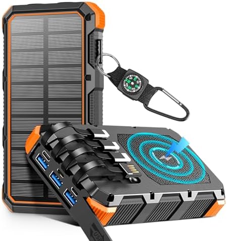 Ultimate 49,800 m Ah Solar Power Bank – Wireless Fast Charging with QC 3.0, 8 Outputs & 4 Inputs, Emergency SOS Flashlight – Durable Outdoor Charger for All Mobile Devices in Bold Orange – Ideal for Camping, Hiking & Travel