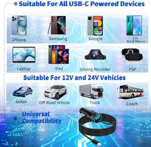 Adeqwat 72 W Dual PD USB-C Car Charger – MFi Certified Fast Charging for i Phone 16 Pro Max, Galaxy S24 & More | 2 Pack Type-C Cable Included | High-Speed Automobile Accessory for Seamless On-the-Go Power Delivery