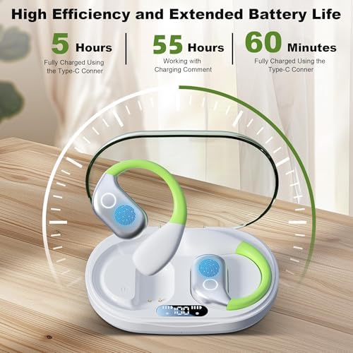 OWS M82 Open Ear Wireless Earbuds – Cutting-Edge Bluetooth 5.3 with 55-Hour Battery Life for Extended Enjoyment, Powerful Deep Bass for Music Lovers, Ergonomic Over-Ear Fit with Secure Earhooks for Active Lifestyles, Advanced ENC Noise-Canceling Mic for Crystal Clear Conversations, Perfect for Fitness and Outdoor Enthusiasts (White) – Elevate Your Listening Experience with Superior Comfort and Premium Sound Quality