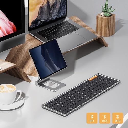 Portable Full-Size Proto Arc Bluetooth Keyboard XK01 – Foldable Wireless Keyboard with Numeric Keypad for i Pad, Tablets, Smartphones, and Laptops – Rechargeable Multi-Device Solution for Windows, i OS & Android – Ultimate Travel Companion for On-the-Go Professionals