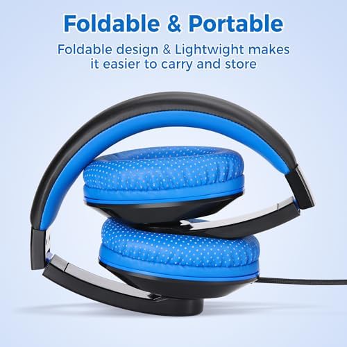 Rockpapa Kids Over-Ear Headphones – Lightweight Wired Audio Gear for School, Travel, and Home – Stylish White and Blue Design for Boys and Girls – Immersive Sound Quality with Adjustable Comfort and Durable Build for Young Audiophiles