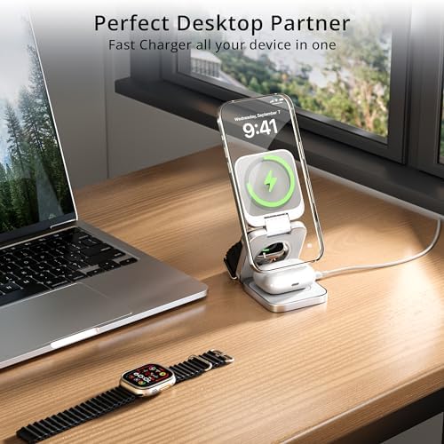 LULULOOK 3-in-1 Magnetic Wireless Charging Station – 15 W Fast Charger for i Phone 16/15/14 Series, 5 W Apple Watch Dock, and Air Pods Compatible with USB-C Cable – Sleek Aluminum Design for Enhanced Efficiency and Universal Device Compatibility