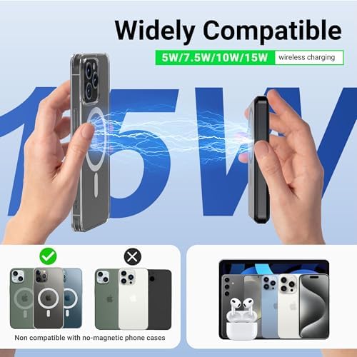 Revolutionary Mag Safe 10,000 m Ah Wireless Power Bank – Ultra-Fast Charging, 4 Outputs with Dual Built-in Cables, Magnetic Design for i Phone 15/14/13/12 Pro/Max/Plus, Integrated Kickstand for Effortless Viewing, Versatile USB-C & Micro USB Inputs – Perfect Travel Companion for On-the-Go Charging