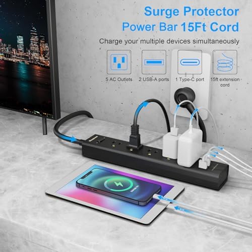 10 FT Surge Protector Power Strip with 5 Outlets & 3 USB Ports (Including 1 USB-C) – 1250 W, 10 A, 700 J Protection for Home Office & Entertainment Setup – Versatile Wall Mount Design for Extended Reach and Fast Charging – 2 Pack Black