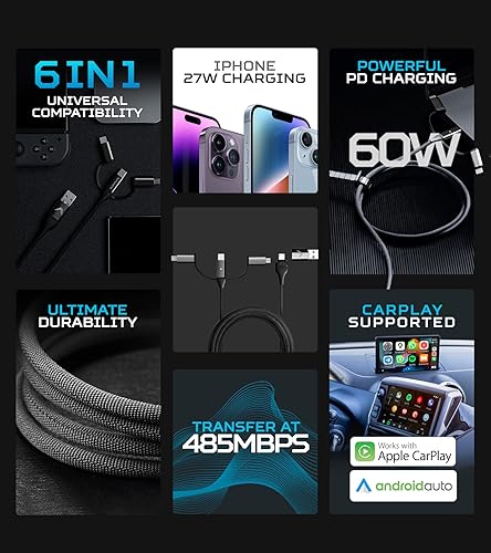 Futurizta Tech Zeus-X Enhanced 6-in-1 Universal Multi Cable – Compact 0.65 ft Fast Charging Solution for Laptops and Smartphones with 60 W PD & 27 W QC3.0, Military-Grade Durability, Braided Design & LED Indicator, Includes Organizer Strap for Efficient Storage and Travel