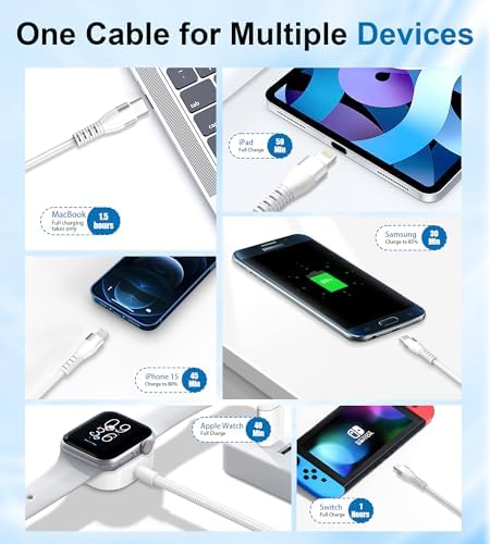 Revolutionary 4-in-1 Fast Charging Cable for Apple Watch – High-Speed 100 W Multi-Connector Charger with Lightning, USB-C, Micro USB Compatibility – 10 ft Length for Ultimate Flexibility – Stylish White Finish for the Modern Tech Savvy User