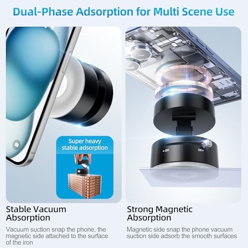 FONKEN Vacuum Suction Magnetic Phone Holder, Adjustable Vacuum Car Phone Holder Foldable Vacuum Magnetic Cell Phone Stand Suction Phone Mount for iPhone 16/15/14/13/12/Gym/Shower/Car/Mirror-White – Enhanced Compatibility and Speed