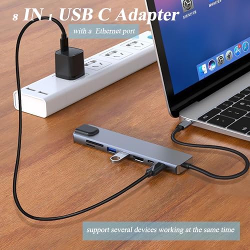 8-in-1 USB C Adapter for Ultimate Connectivity – Experience 4 K HDMI Output, Rapid Device Charging, Reliable Ethernet Connection, and SD/TF Card Reader – Versatile Multi-Port Hub for Enhanced Productivity with Laptops, Mice, and Keyboards – Compact, Durable Design for On-the-Go Professionals