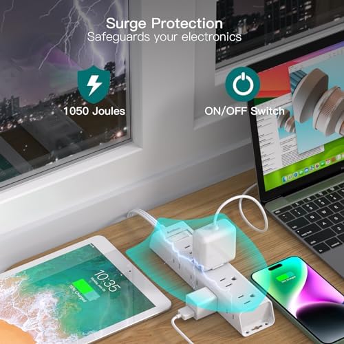 Ultra-Thin Flat Plug Power Strip with 12 AC Outlets – Addtam 5-Ft Surge Protector for Desk and Wall Mount – Multi-Device Charging Station for Home and Office – 1050 Joules Protection, Space-Saving Design for Tidy Workspaces and Enhanced Connectivity