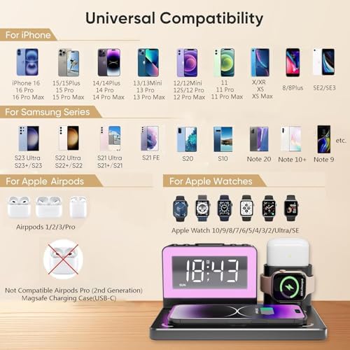 Revolutionize Your Charging Routine with the 7-in-1 Wireless Fast Charging Station – All-in-One Alarm Clock Dock for i Phone, Samsung Galaxy, Apple Watch & Air Pods – Enhanced Speed, Sleek Design, and Safety Features for Ultimate Convenience