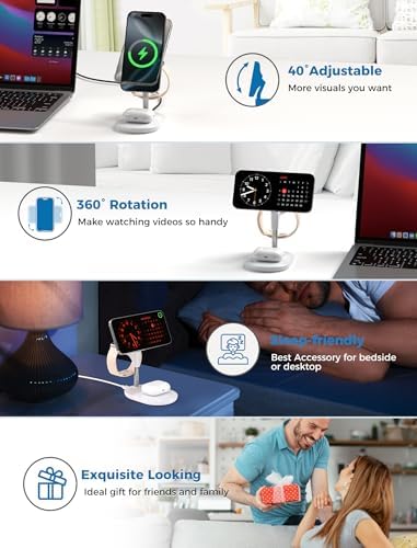 All-in-One Wireless Charging Station for Apple Devices – 15 W Fast Qi-Certified Mag-Safe Charger for i Phone 16, 15, 14, 13, 12, Apple Watch & Air Pods – Adjustable Viewing Angle, Ideal Gift for Women – Enhance Your Charging Efficiency and Style