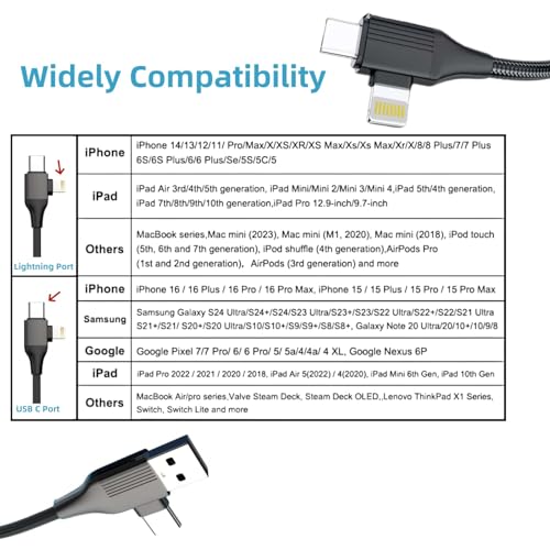 Versatile 4 in 1 Charging Cable Duo – 60 W Fast Charge & Data Sync Solutions for i Phone, i Pad, Laptop & More – MFi Certified Lightning, USB-C, USB-A Compatibility, 3.3 FT Durable Length for Effortless Connectivity – All-in-One Multi Charger Cord for Enhanced Efficiency and Reduced Clutter