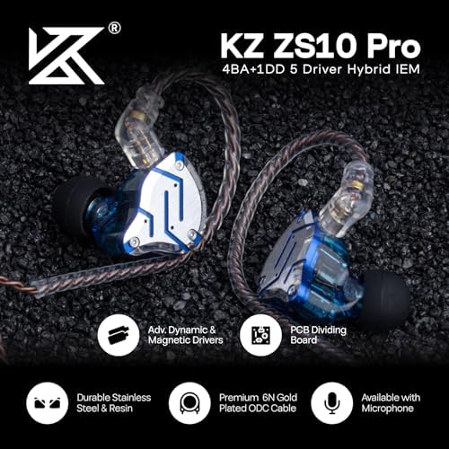 Linsoul KZ ZS10 Pro Hybrid IEM Earbuds – 4 BA + 1 DD High-Fidelity Wired In-Ear Monitors with Stainless Steel Faceplate and Detachable Cable, Ideal for Musicians and Gamers with Built-in Mic, Unmatched Sound Clarity and Versatile Compatibility