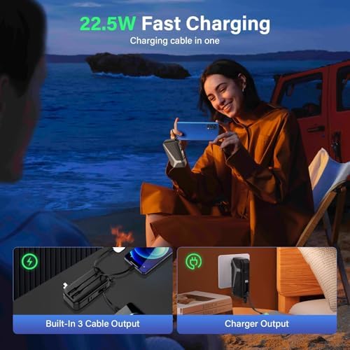 Compact 27 W Fast Charging Power Bank with Built-in Cables – 10,000 m Ah Portable Charger for i Phone & Android – Effortless Multi-Device Charging with 4 Outputs & 2 Inputs – Essential Travel Battery Pack for i Phone 16/15/14 and Newer – Durable Design for On-the-Go Energy Solutions