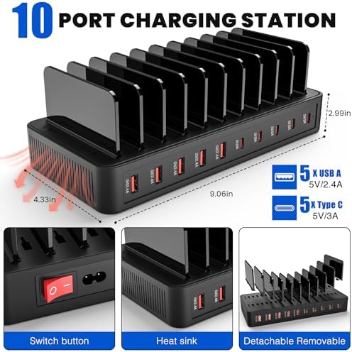 Multi-Device Charging Station with 10 Ports and Smart IC Technology – 100 W Power Dock with Adjustable Dividers and 10 Cables for Efficient Charging of i Phone, Galaxy, i Pad, Tablets – Space-Saving Flat Plug Design for Home and Office Use
