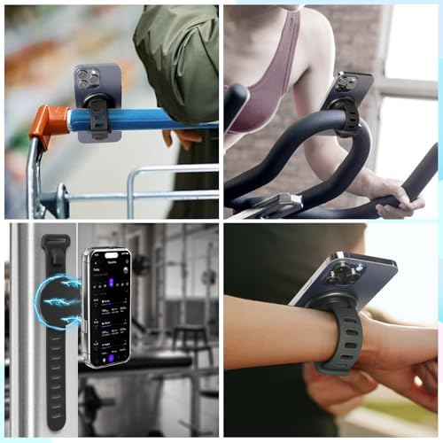 Stroller Phone Holder Steering Wheel Phone Holder Mount with Adjustable Strap,Fit for GYM, Stroller, Wrist, Shopping Cart, Exercise Bikes, Magnetic Adapter for Magsafe iPhone Android Phone Accessories – Enhanced Compatibility and Speed