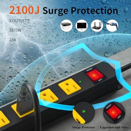 10 FT Heavy Duty 8 Outlet Surge Protector Power Strip with Wall Mount Capability – 2100 Joules of Protection for Home, Office, Garage and Workshop – Versatile, Space-Saving Design with Wide Spaced Outlets for Large Plugs and Electronics