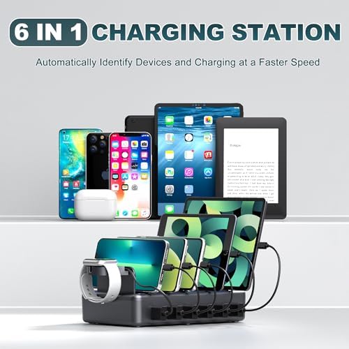 Ultimate 6-in-1 Multi-Device Charging Station – 50 W Fast Charging Dock with Universal Compatibility for i Phone, i Pad, Smartphones & Tablets – Sleek Organizer with Mixed Cables for Efficient Power Delivery and Clutter-Free Workspace