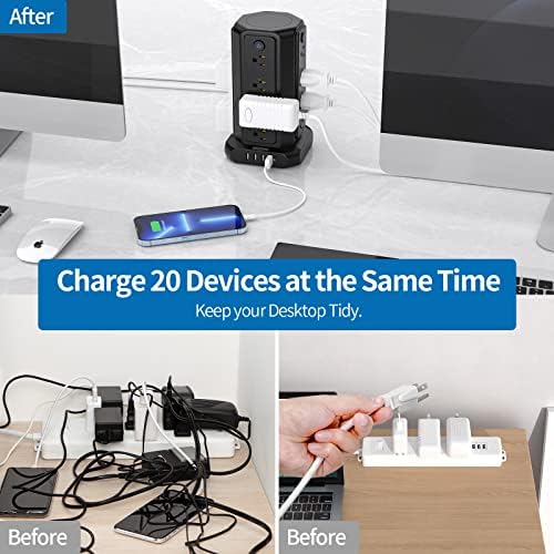 NTONPOWER 16-Outlet Surge Protector Tower with 4 USB Charging Ports – Advanced Desktop Power Strip with Individual Switches, 5 ft Extension Cord, and 1080 J Surge Protection for Home Office & Dorm Room Efficiency – Space-Saving & Safe Power Solution