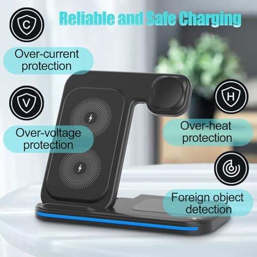 3-in-1 Foldable Wireless Charging Station for i Phone, Apple Watch & Air Pods – Fast Charging Hub with QC 3.0 Adapter for Enhanced Speed and Multi-Device Compatibility – Sleek Black Design for Home, Office & Travel Use – Effortless Charging with Adjustable Stand & Safety Features