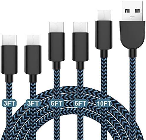 5 Pack USB-C to USB-A Fast Charging Cables (3/3/6/6/10 FT) – Premium 3 A Quick Charge Cords for Samsung Galaxy S10/S9/S8 Plus, Note 10/9/8, LG V50/V40/G8/G7 – Durable Nylon Braided Design in Modern Blue – Versatile Lengths for Ultimate Convenience and Enhanced Device Compatibility